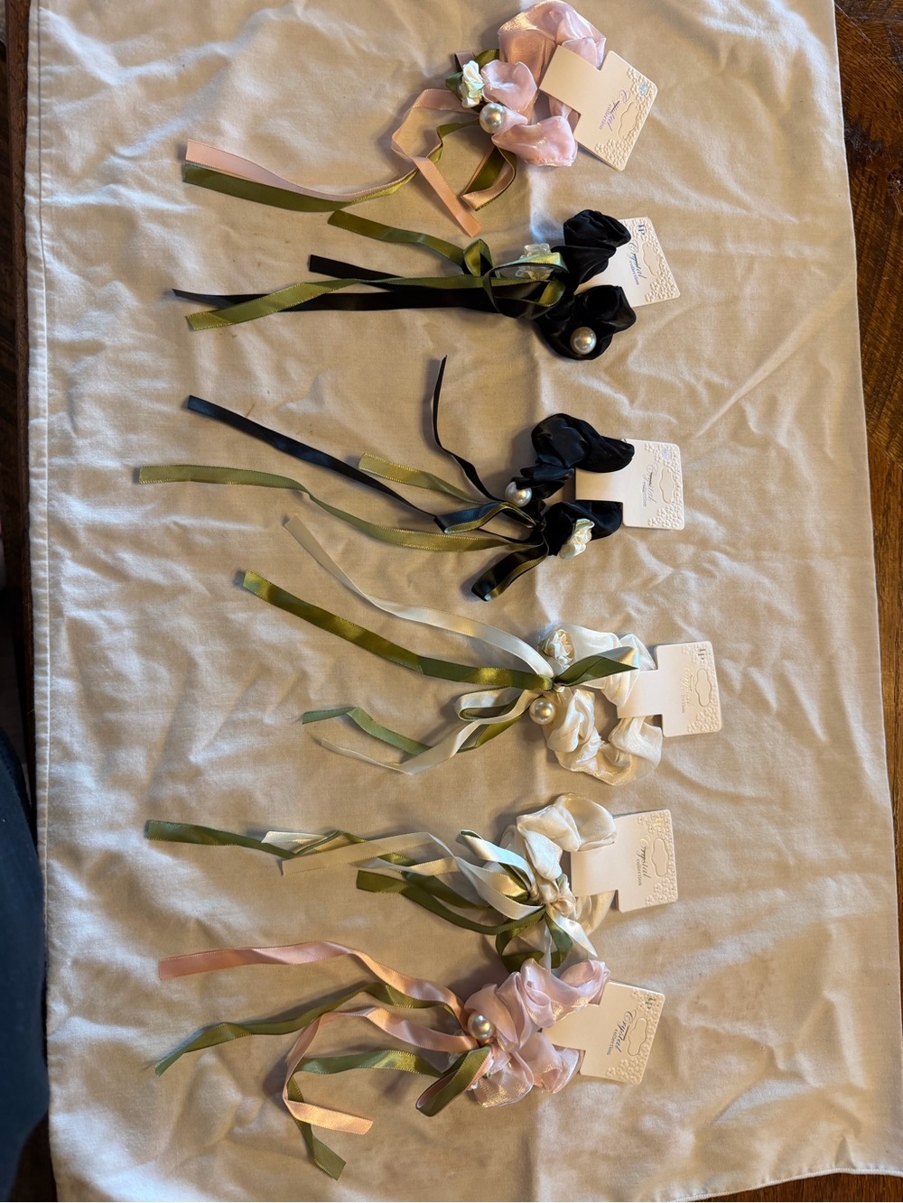 Ribbon Flower Hair pony Set in Pink, Black, and Ivory or can use as bracelets